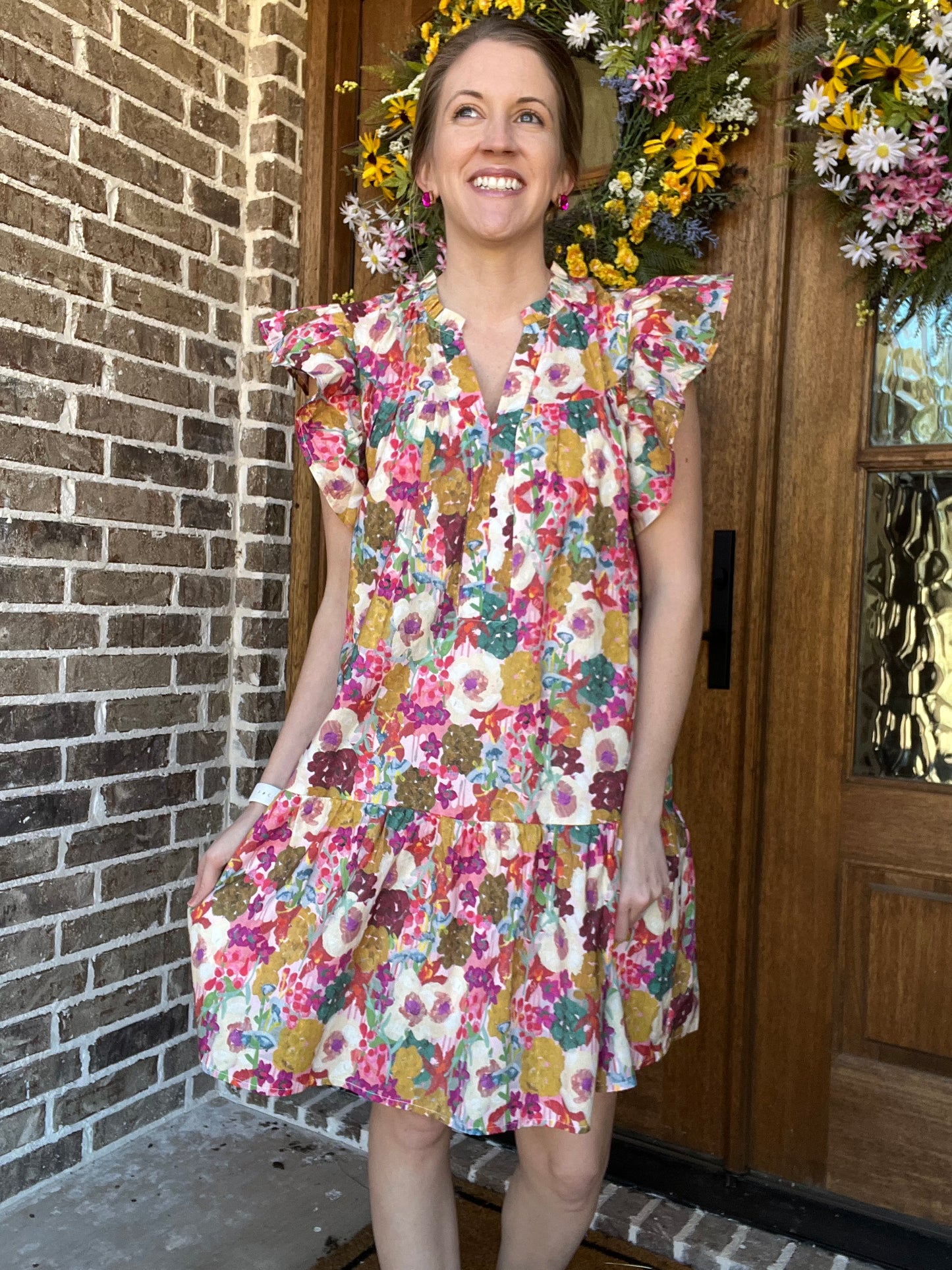Fate ruffle sleeve floral dress-fuchsia