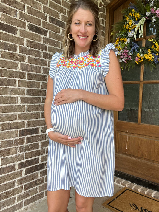 Blue stripe embroidery dress