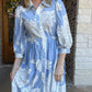Floral Button Up Midi Dress with Scallop Trim - Blue