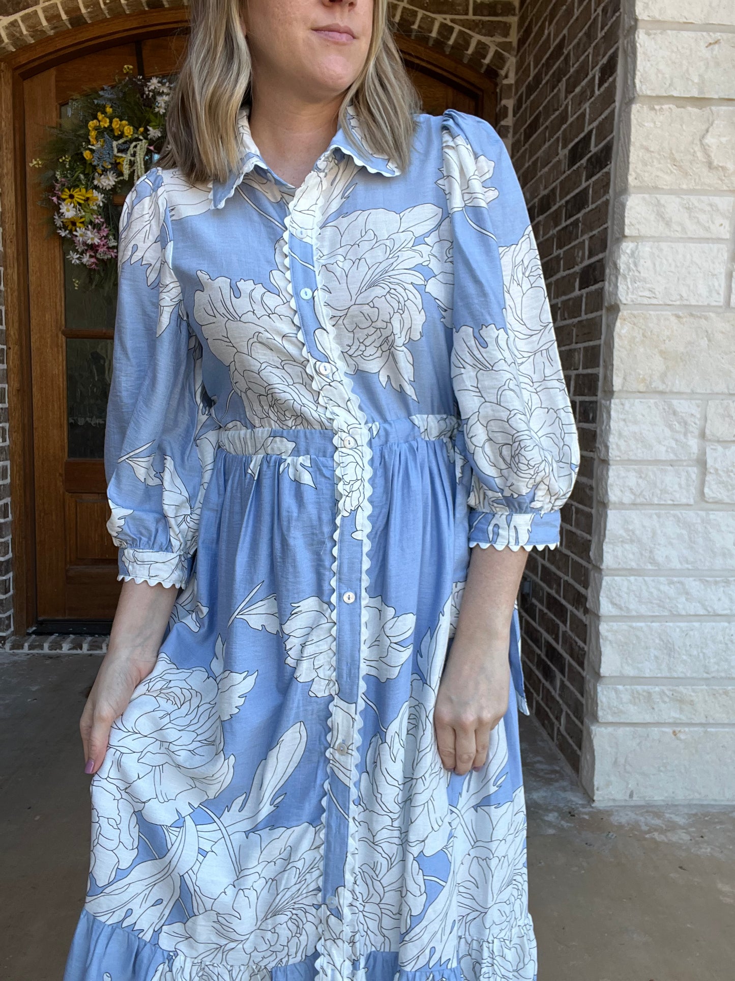 Floral Button Up Midi Dress with Scallop Trim - Blue