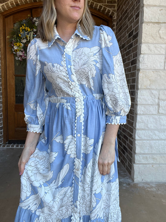 Floral Button Up Midi Dress with Scallop Trim - Blue