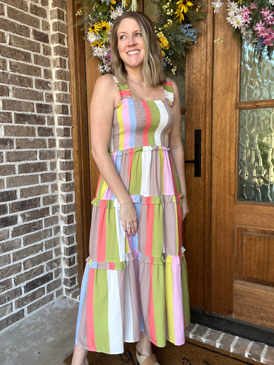 Multicolor striped midi dress- lime mocha