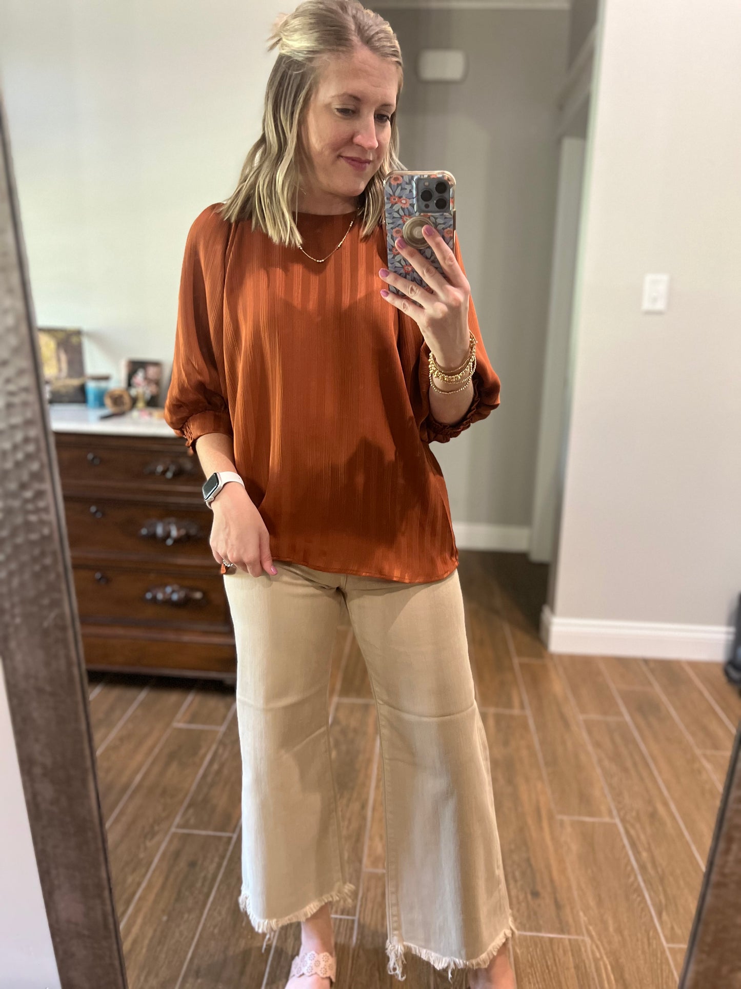 Solid, texture half sleeve top in cinnamon