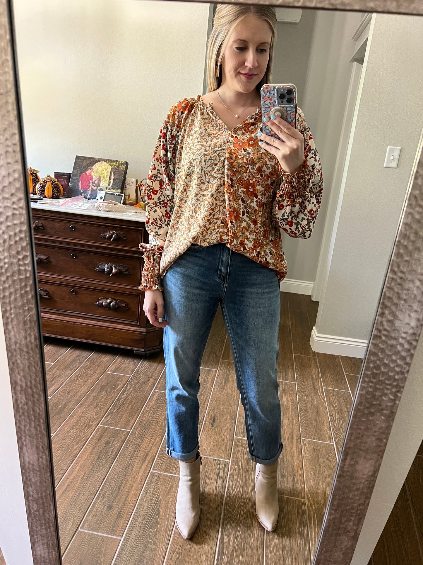 Sand Mix Long Sleeve Floral Print Top