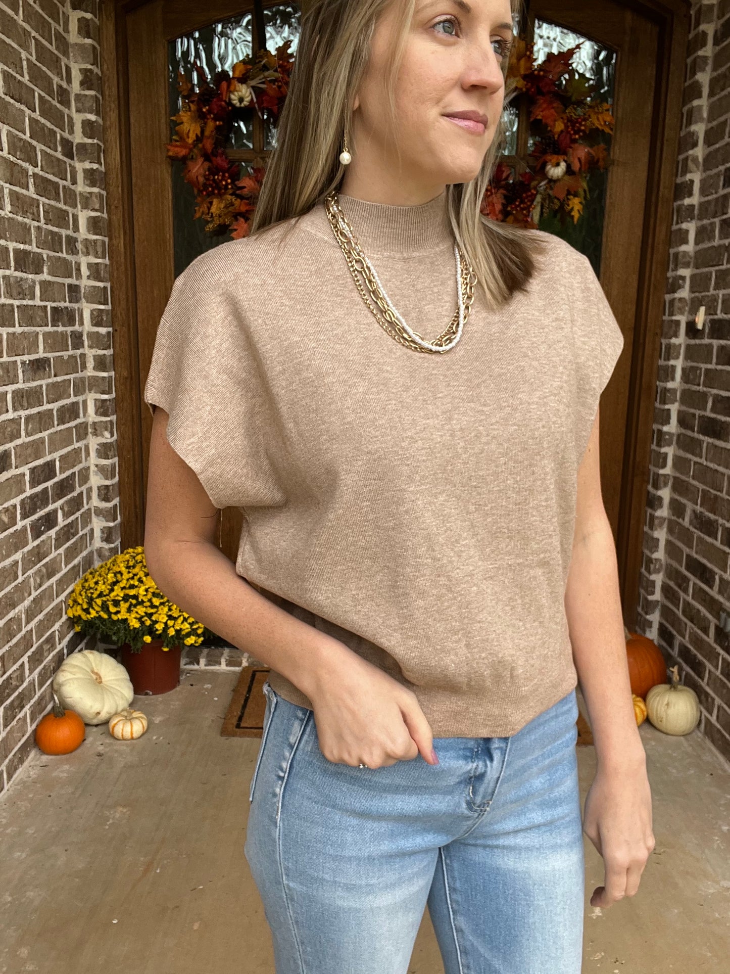 Mock neck short sleeve top- oatmeal