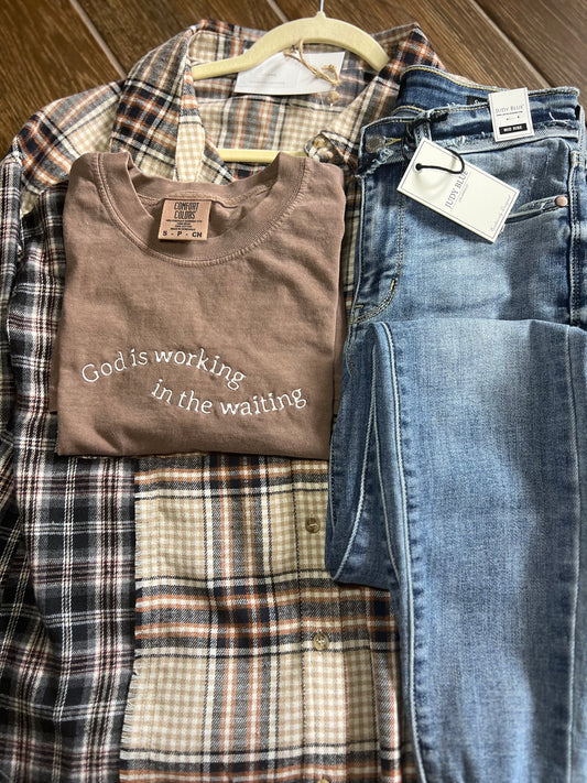 Embroidered God Is Working in the Waiting Tee