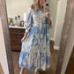 Floral Button Up Midi Dress with Scallop Trim - Blue