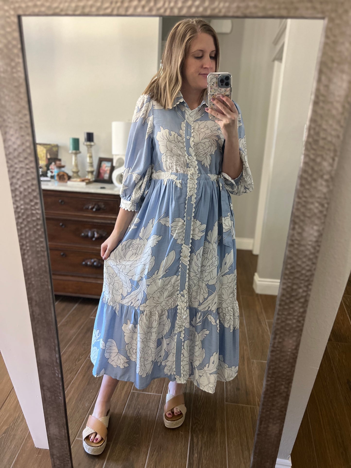 Floral Button Up Midi Dress with Scallop Trim - Blue