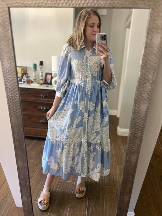 Floral Button Up Midi Dress with Scallop Trim - Blue