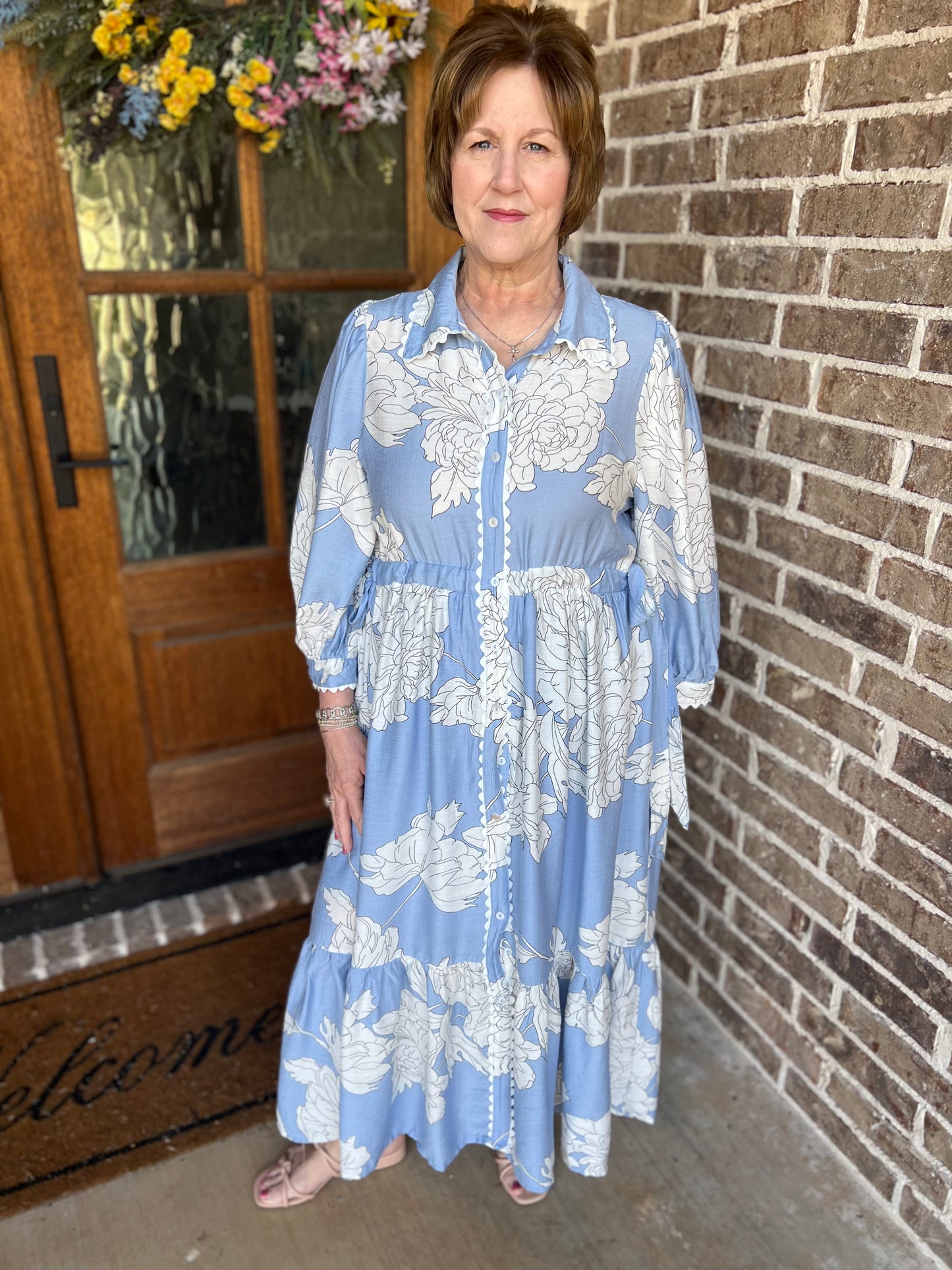 Floral Button Up Midi Dress with Scallop Trim - Blue