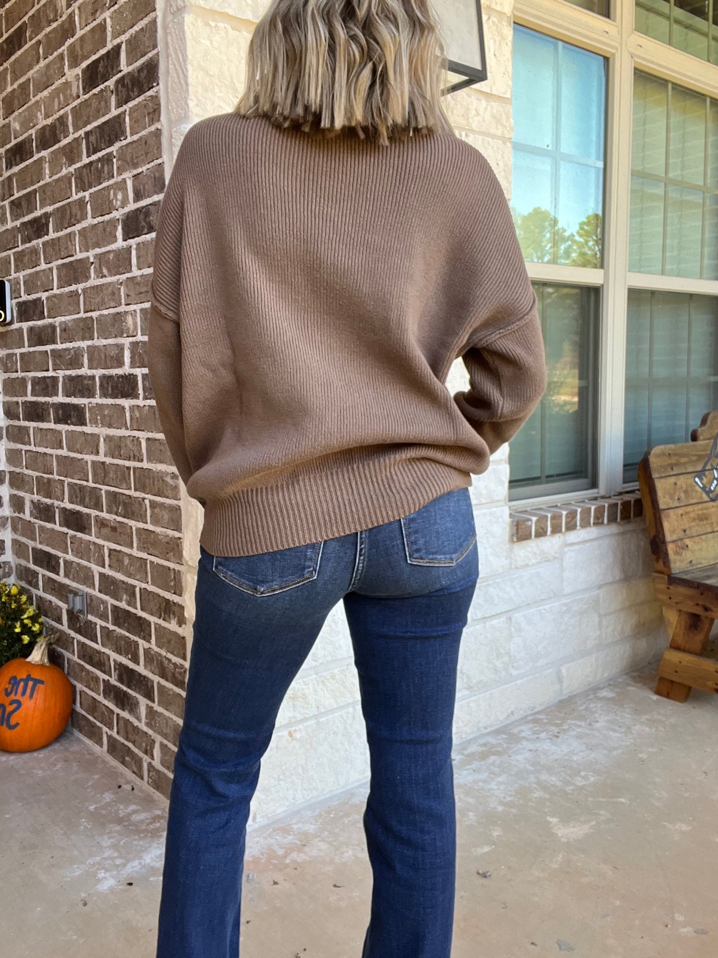 Mock neck ribbed sweater- mocha