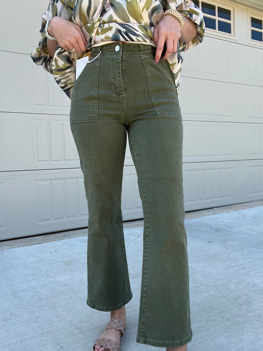 Risen high rise patch pockets ankle flare- Moss