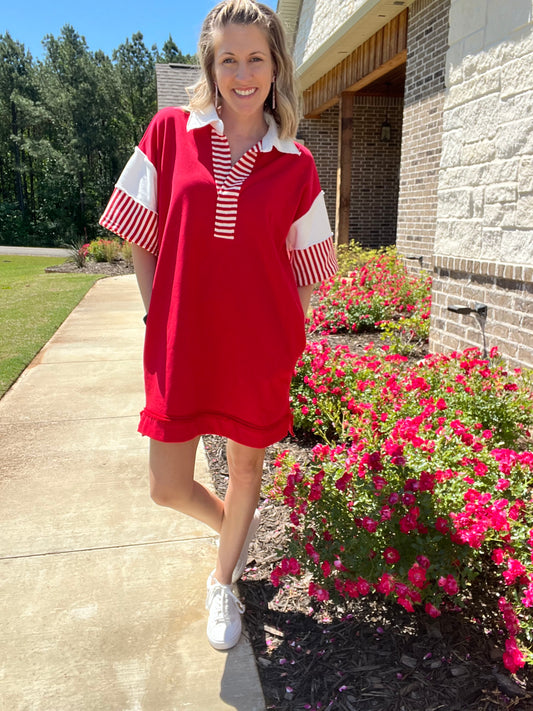 Rita collared stripe dress -red
