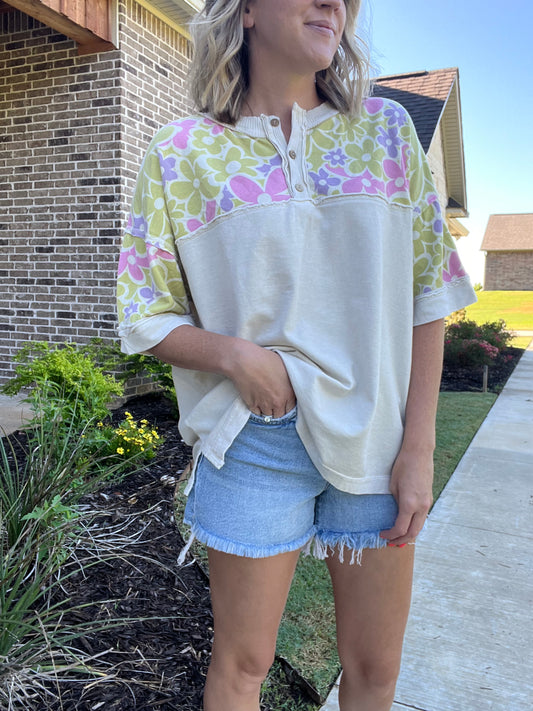 Mineral Wash Henley Neck Top with Floral Print