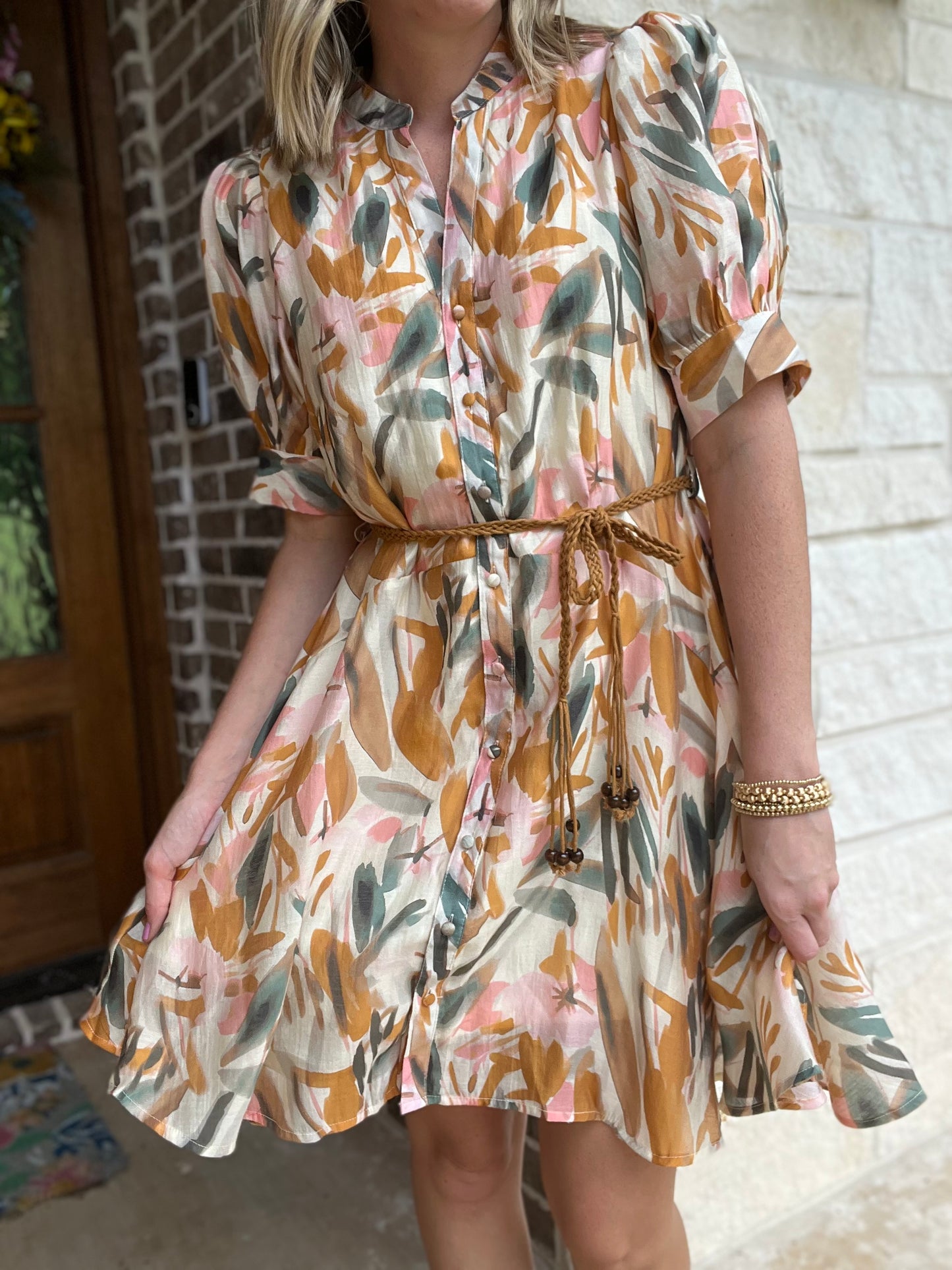 Rust Print Button Down Belted Dress
