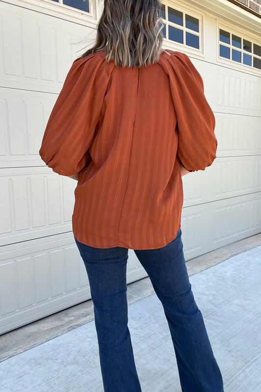 Solid, texture half sleeve top in cinnamon
