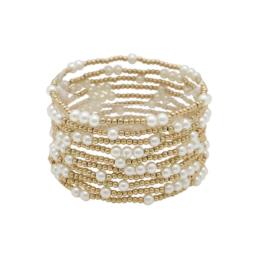 Gold Beaded and Pearl Set of 10 Stretch Bracelet