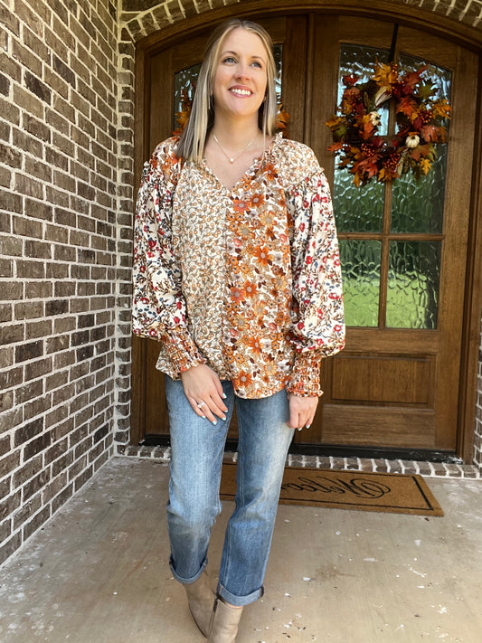 Sand Mix Long Sleeve Floral Print Top