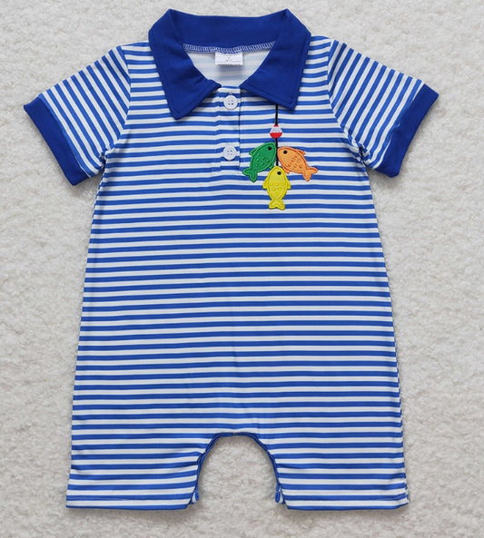 Boys Fishing Blue Stripes Short Sleeve Romper