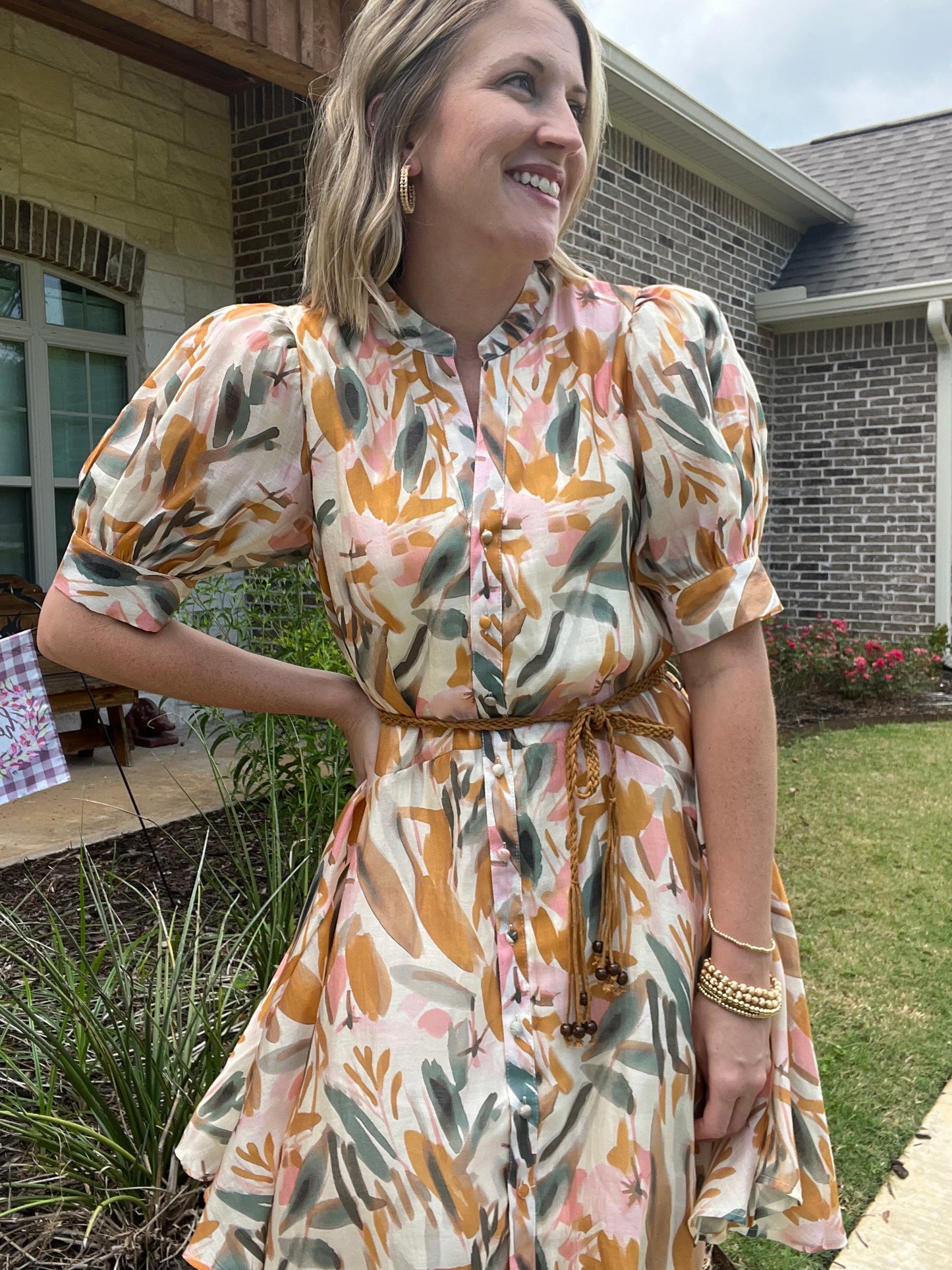 Rust Print Button Down Belted Dress