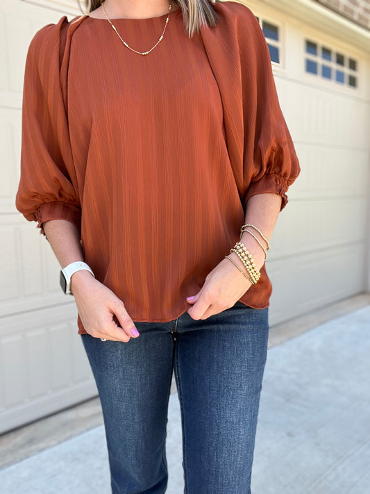 Solid, texture half sleeve top in cinnamon