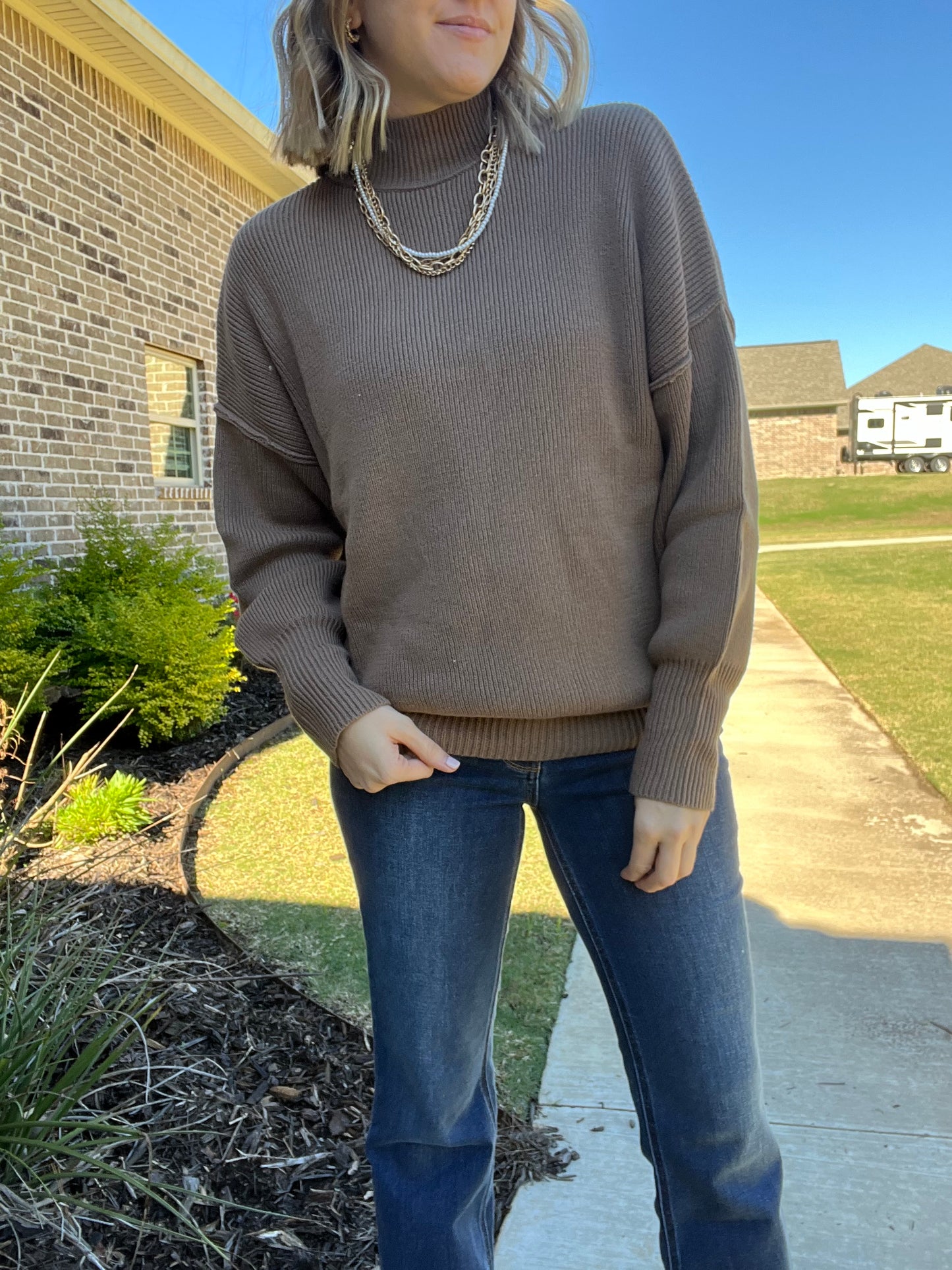 Mock neck ribbed sweater- mocha