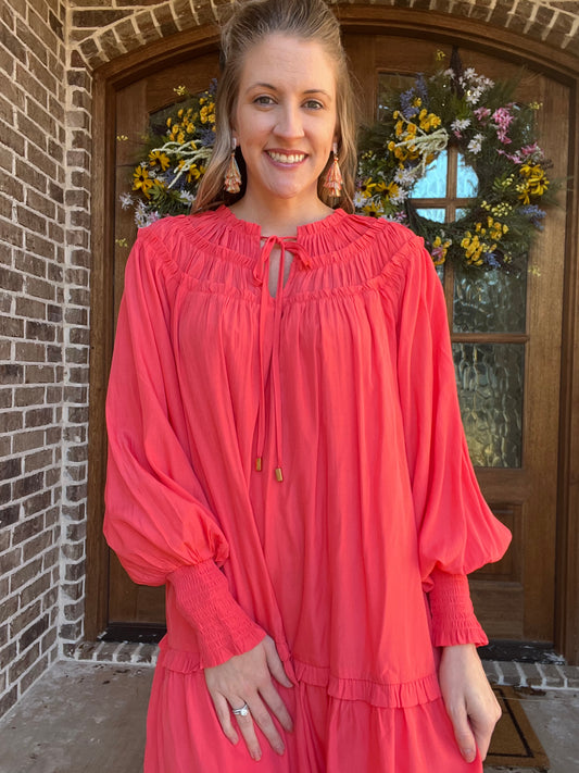 Carley chic detail dress- Coral