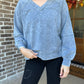 WASHED V NECK EXPOSED SEAM LONG SLEEVE TOP