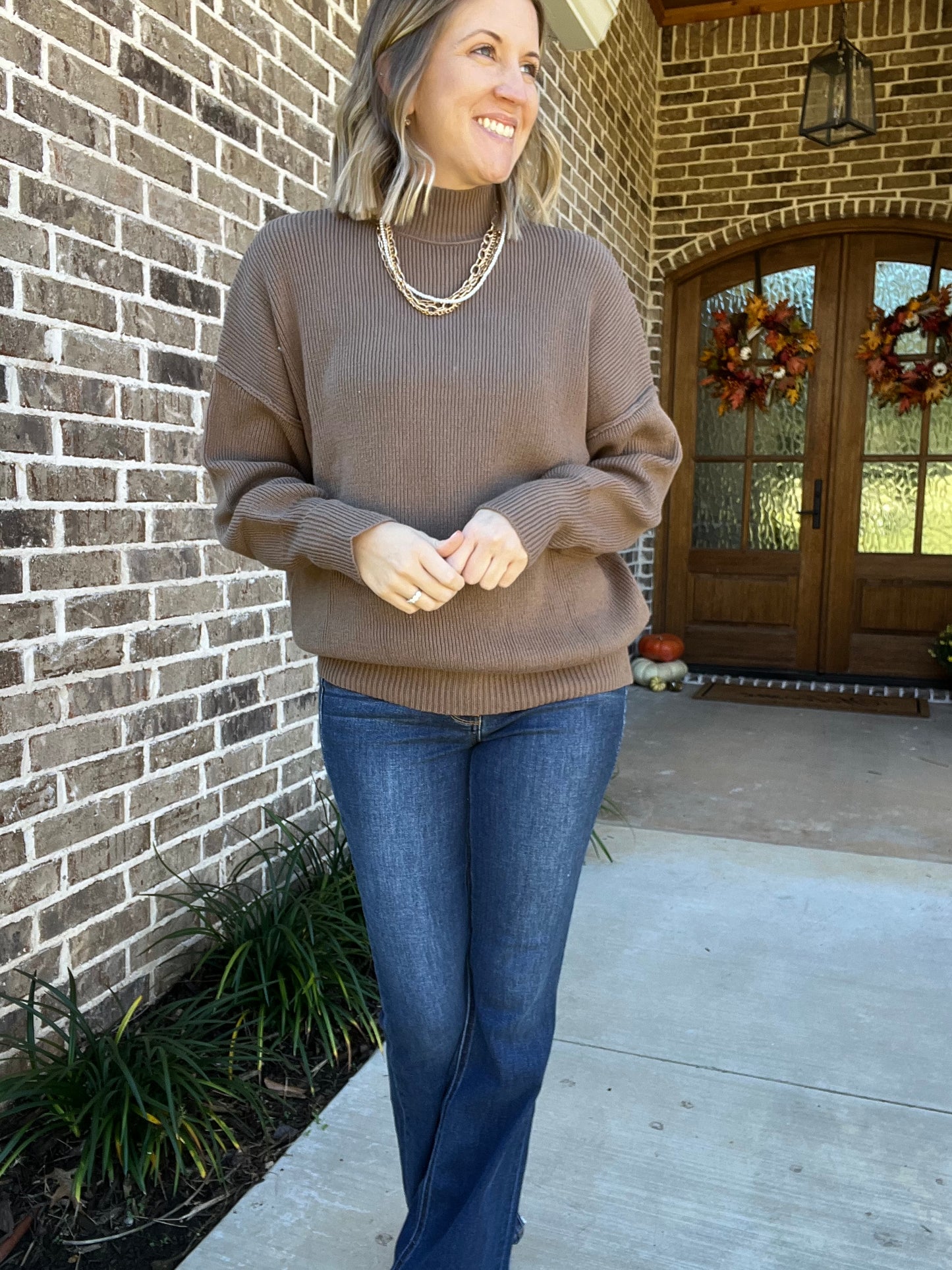 Mock neck ribbed sweater- mocha