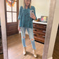 Teal floral print ruffle neck top