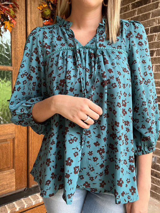Teal floral print ruffle neck top