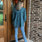 Teal floral print ruffle neck top