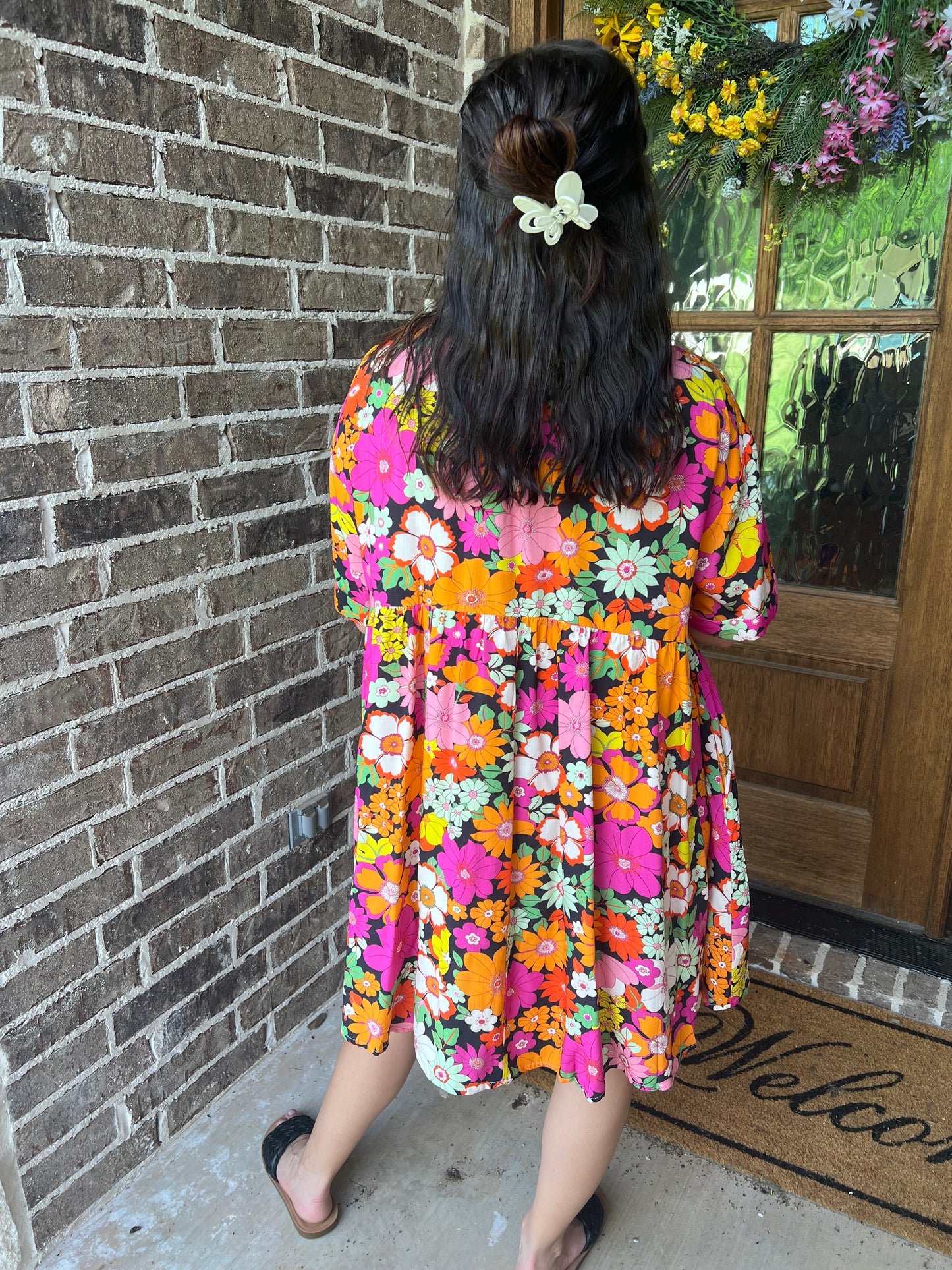 LAST ONE- Orange and pink retro flower dress