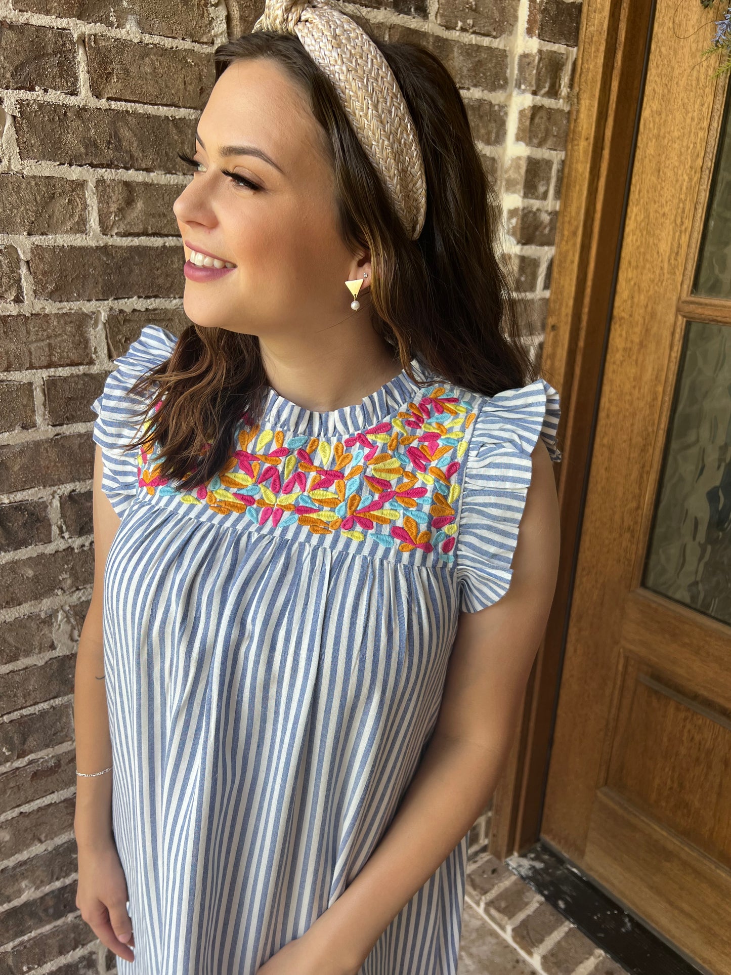 Blue stripe embroidery dress
