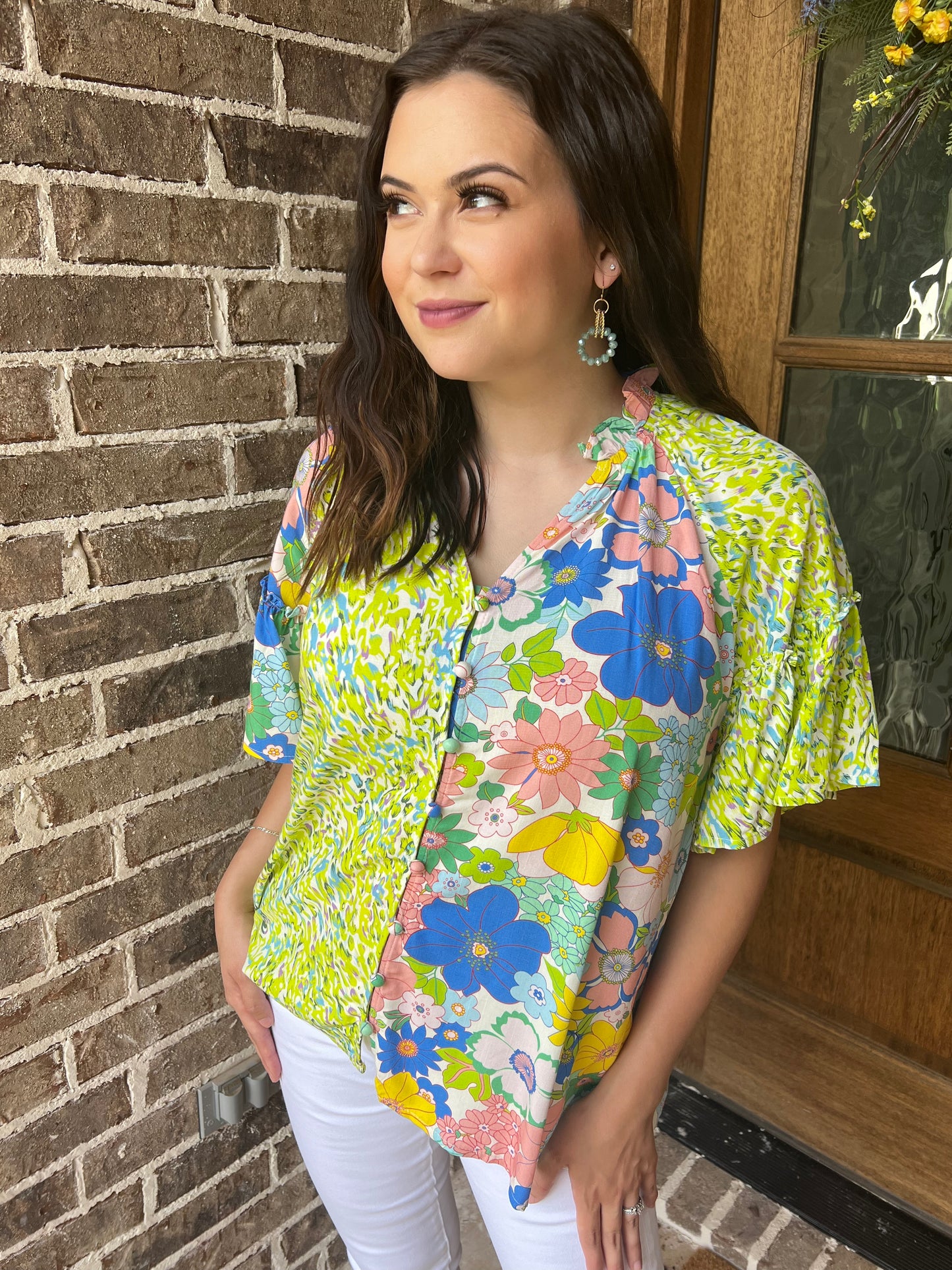 Green mix retro floral top