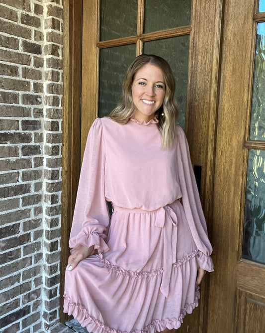 Long sleeve ruffled dress- light pink