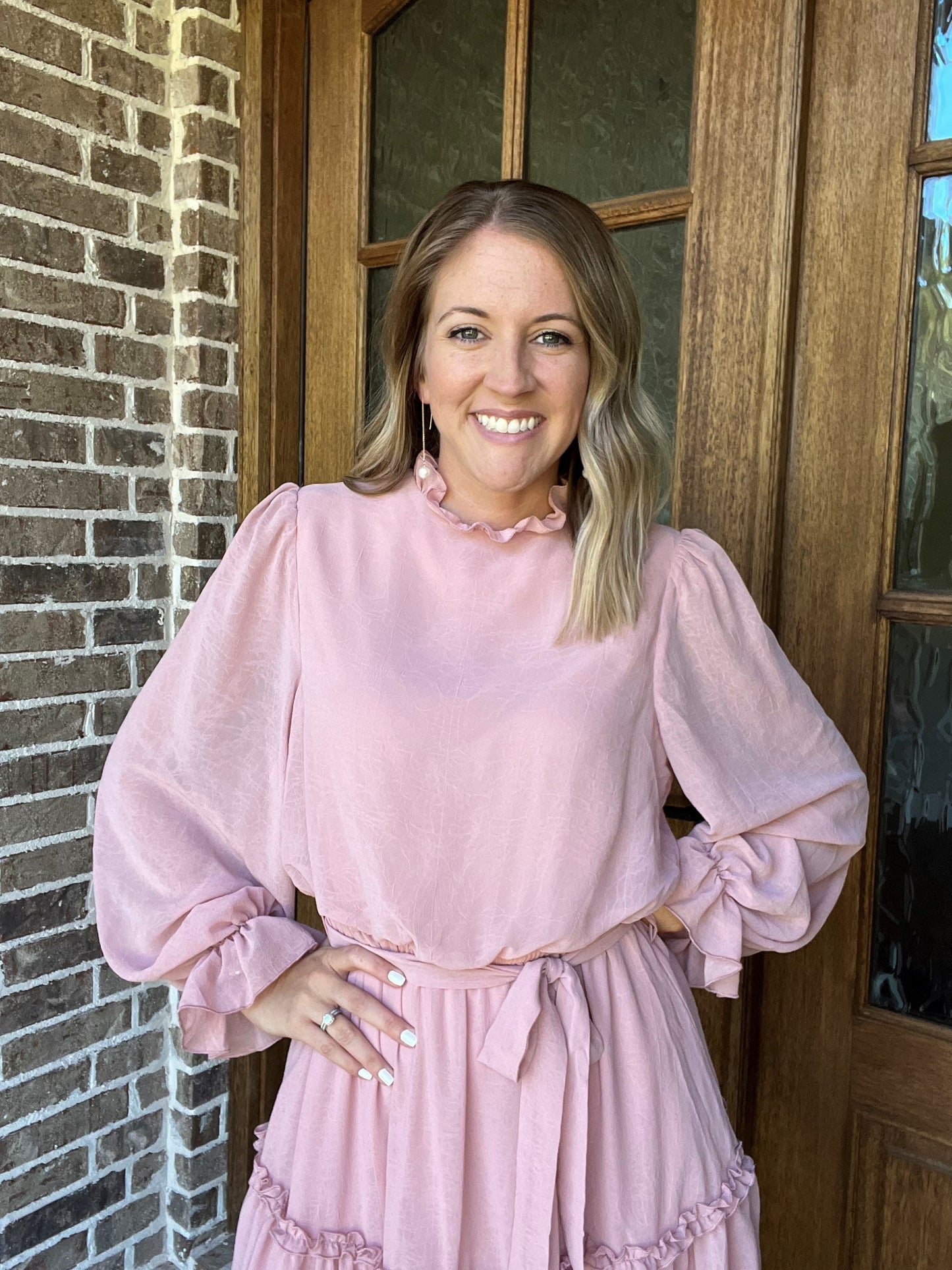 Long sleeve ruffled dress- light pink