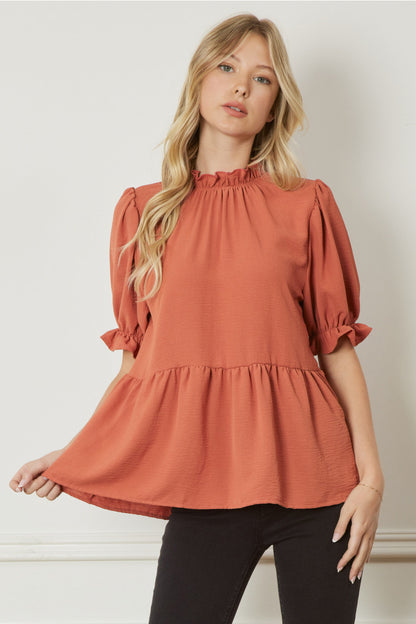 Short sleeve top with ruffles- burnt orange