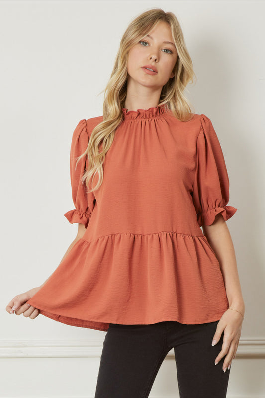 Short sleeve top with ruffles- burnt orange