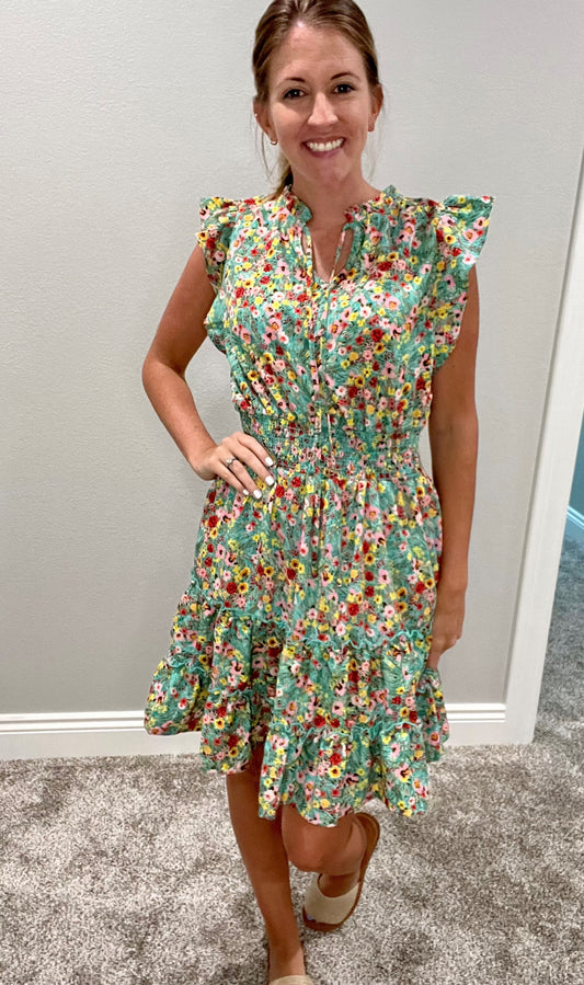 Tiered layered floral dress- kelly green