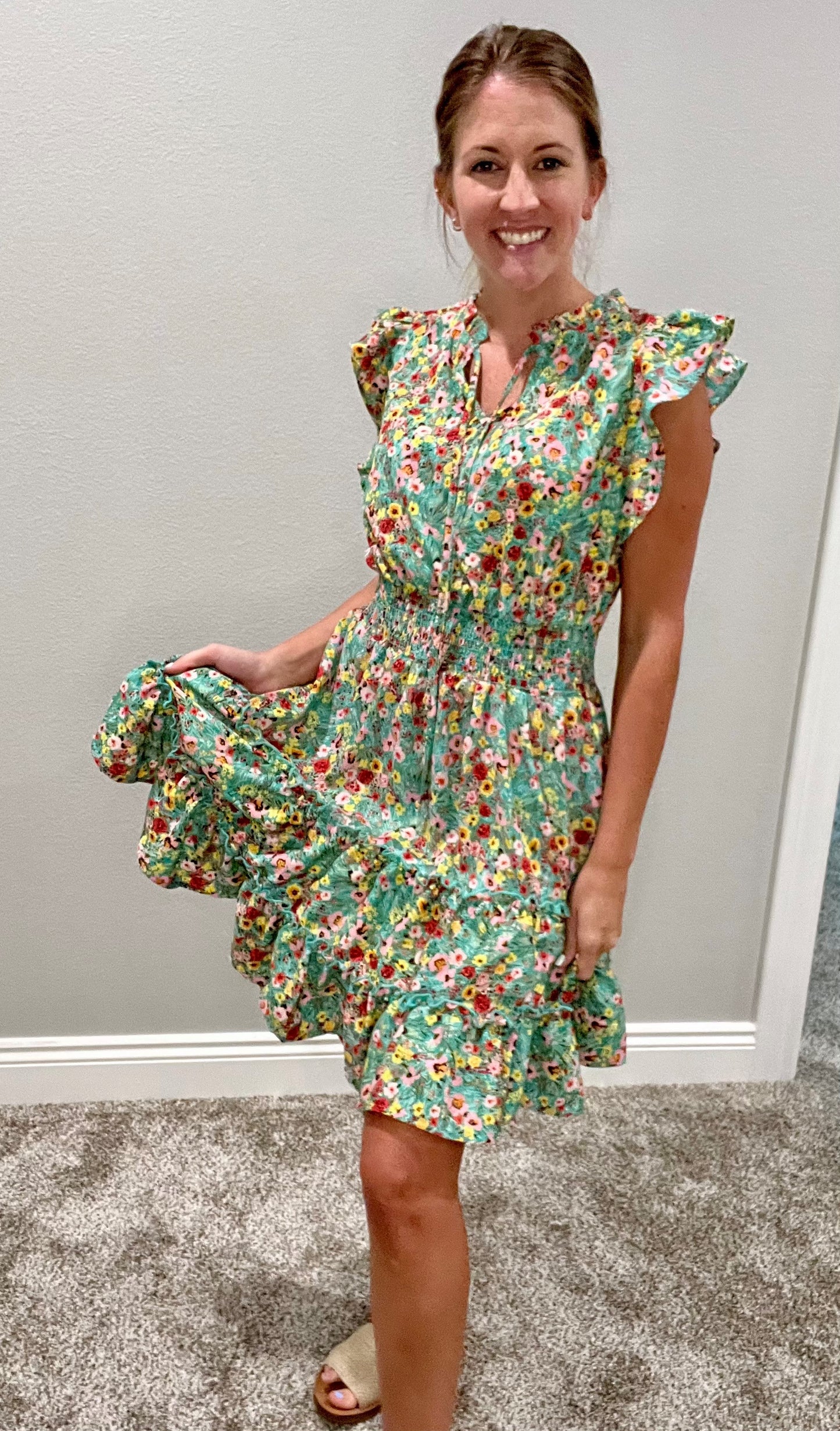 Tiered layered floral dress- kelly green