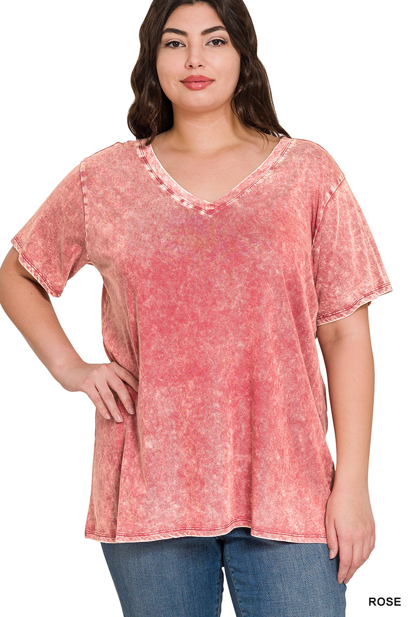 Acid wash v-neck- Rose