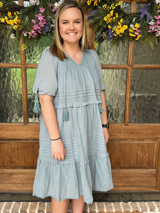 Cotton ruffle tassel dress- slate blue