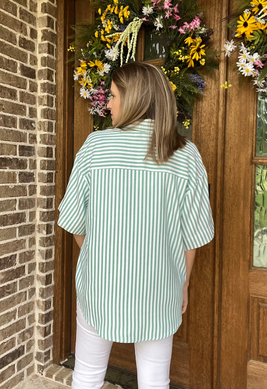 Striped button top- forest green