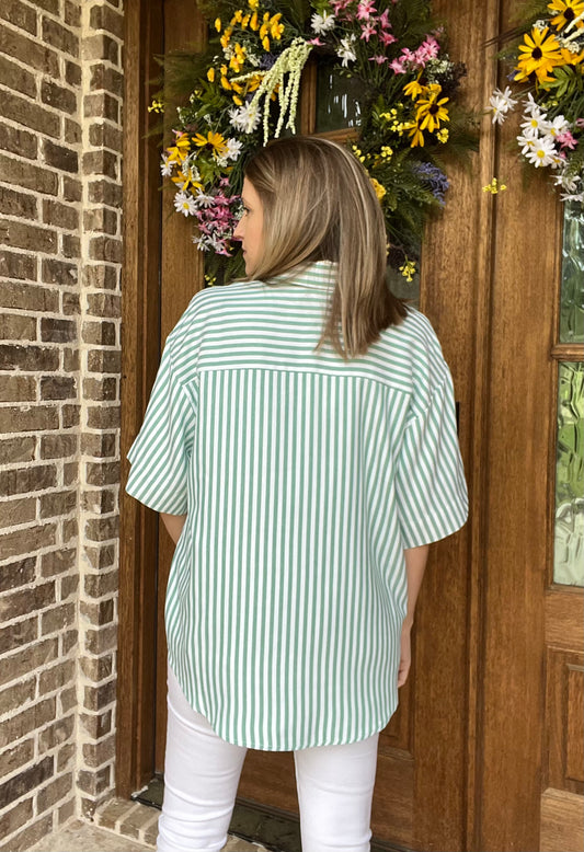 Striped button top- forest green