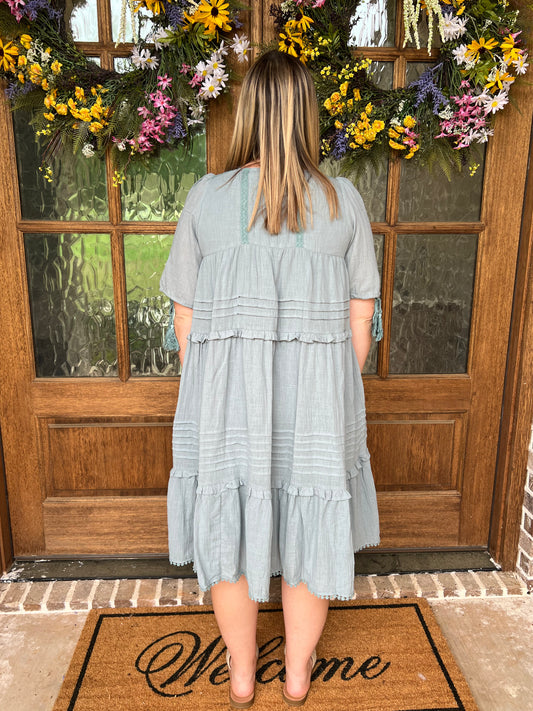 Cotton ruffle tassel dress- slate blue