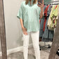 Striped button top- forest green