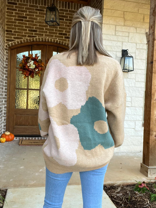 LAST ONE- Flower power sweater- taupe / seafoam