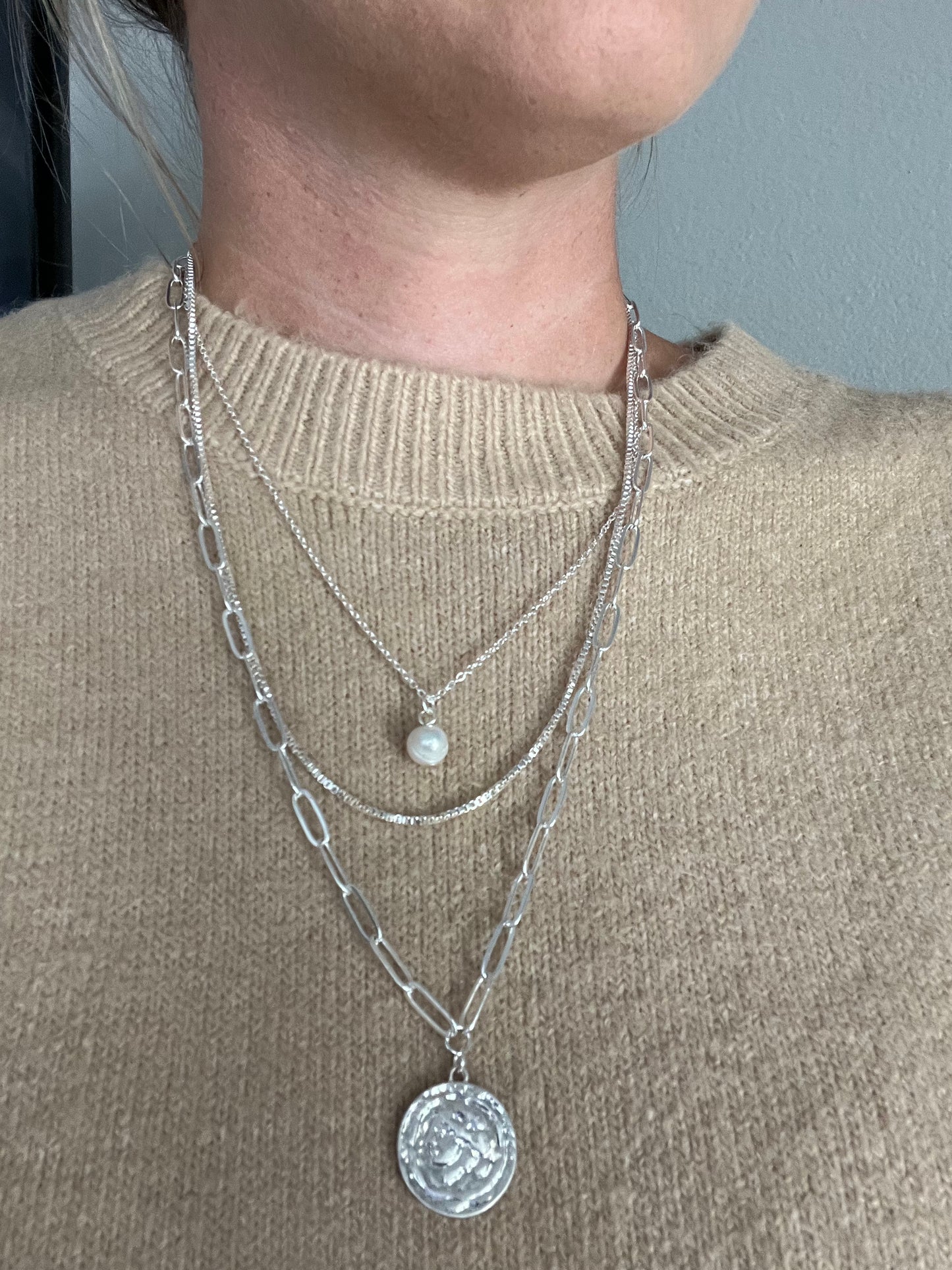 Coin and pearl charm necklace- silver