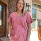 Acid wash v-neck- Rose